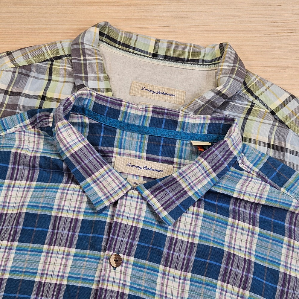 Tommy Bahama Button Up Shirts Mens 3XL Plaid Silk Original Fit Loop Collar Lot 2